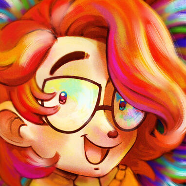 A colorful self portrait of the artist, a pale person wearing glasses.