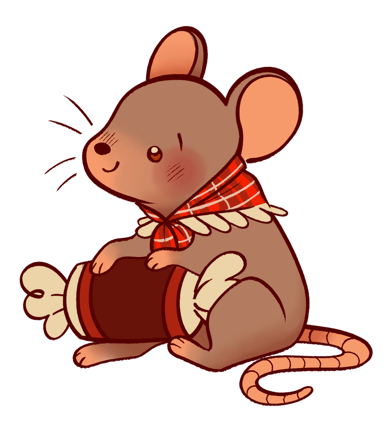 A mouse in a kerchief holding a single piece of candy.